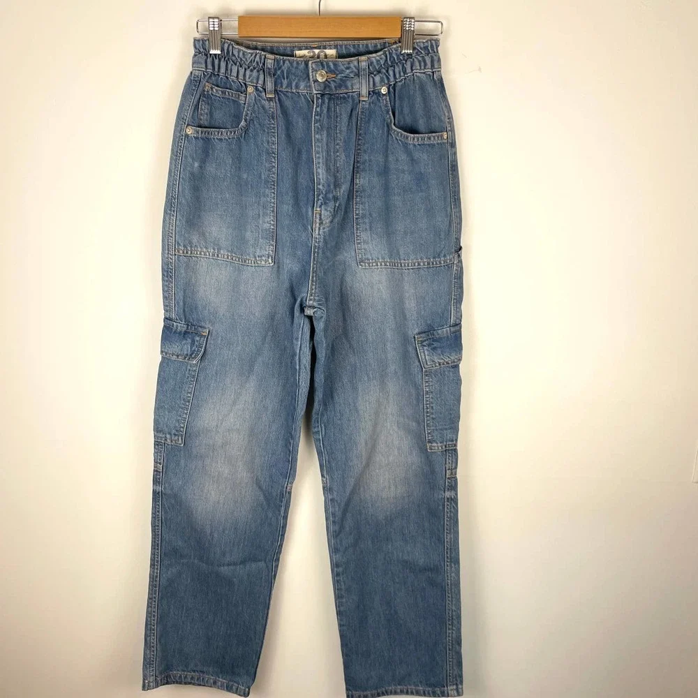 Free People Ezra High Waisted Cargo Jeans In Medium Wash Size 30 New